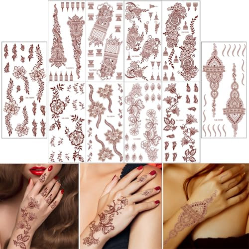XMASIR 10 Sheets Brown Temporary Tattoo Sticker,Fake Arm Flower Temporary Tattoo Waterproof Tattoo Stickers Kits For Women Girls (10P)