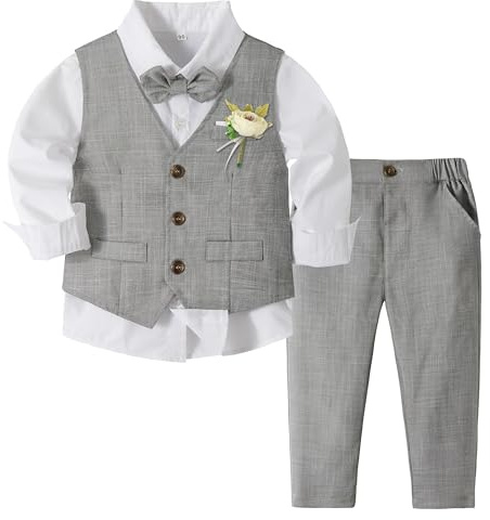 Volunboy Elegant klädset för barn, pojkar, bröllopsceremoni, kostym, 4 delar, långärmad skjorta + fluga + väst + byxor