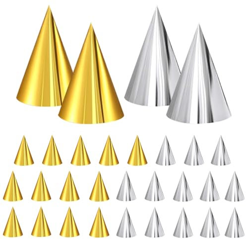UILYNIU 30 Pieces Party Hats Gold and Silver Lovely Cake Cone Birthday Paper Hats Cone Party Hats Birthday Dress Up Party Decoration and Celebrations Baby Shower Photo Props (30 pcs)