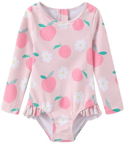 Costume da bagno per bambina, a maniche lunghe, per bambini, tinta unita, con volant, costume da bagno per bambini, 6 mesi, 4 anni, Rosa pesca, 2-3 Anni