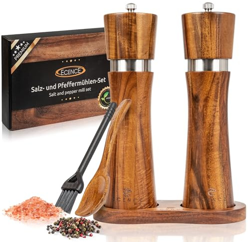 ECENCE Molinillo Pimienta y Sal de Madera de acacia - Juego de 2 molinillos especias con mecanismo de cerámica, incluye cepillo de limpieza y base