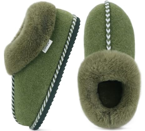 COFACE Womens Bootie Slippers Ladies Woman Boots Faux Fur Fluff Fuzzy Furry Plush Warm Felt House Home Full Cloud Memory Foam Cute Cosy Cozy Comfy Bedroom 2025 Winter Indoor Outdoor Green Size 7 uk