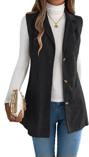 LCDIUDIU Chaleco Largo Sin Mangas De Pana para Mujer, Chaqueta De Traje Cruzada Con Solapa Negra, Otoño Invierno, Informal, Elegante, Ajustado, Prendas De Vestir, Blazer Vintage, Chaleco.