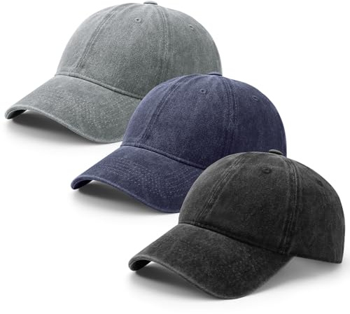 Vyuwast 3 Pack Baseball Caps,Distressed Washed Vintage Baseball Cap for Men Women,Cotton Adjustable Hats for Outdoor Golf Travel (Black, Navy Blue, Gray)