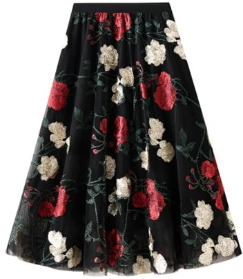 Generico Gonna tulle Donna Elegante Vita Elastica Svasata A-Linea Midi Gonna Base Gonne Plissettate Lunghe A-Line Casual con Stampa Floreale per Primavera Estate