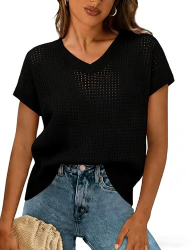 Gyabnw Tee Shirt Femme Manches Courtes Col V Maille Ajourée Ample Été | Tricot ajouré, bordures côtelées, doux, léger, respirant, confortable et facile à superposer au quotidien et en voyage
