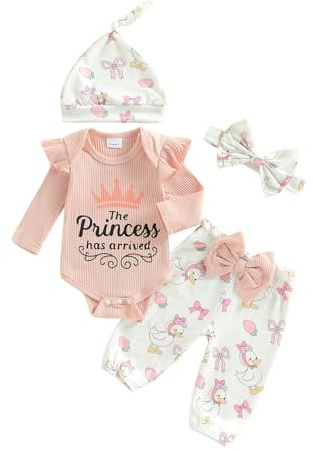 Yigubigu Newborn Baby Girls 4Pcs Clothes Set Letters Print Long Sleeve Romper Elastic Waist Pants Headband Hat Spring Fall Outfit (Pink, 3-6 Months)