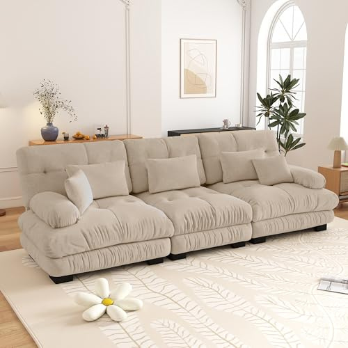Yihomfy Canapé 3 Places en Chenille, 313cm Canapé Salon, 3 Coussins et 2 Coussins décoratifs, Structure en Bois Massif, Cloud Canapé Modulable Moderne