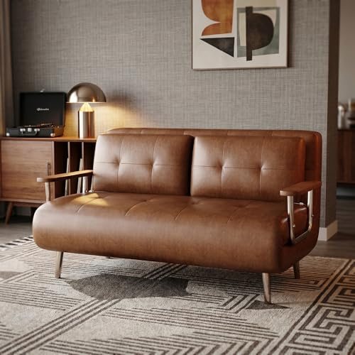 KAANAA Schlafsofa Sofa Bed Schlafcouch Klappsofa | Kunstleder Braun 150 cm klappbares Gästeschlafsofa mit echter Lederoptik, platzsparend mit Schlaffunktion für Wohnzimmer & kleine Räume