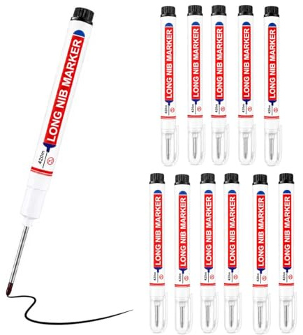 Xforevery 12 Pcs Marqueur Trou Profond Noir, Stylo Marqueur Indélébile Charpentier à Pointe Fine de 22mm, Marqueur Chantier, pour Marquages à des Endroits Difficiles d'Accès, Noir