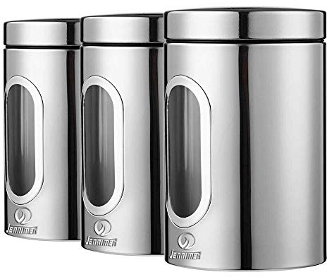 JENNIMER Recipientes de cocina acero inoxidable 3 piezas, con azúcar transparente, té, café, azúcar, decoración del mostrador, enseres domésticos básicos, latas de café refinadas (3 unidades)