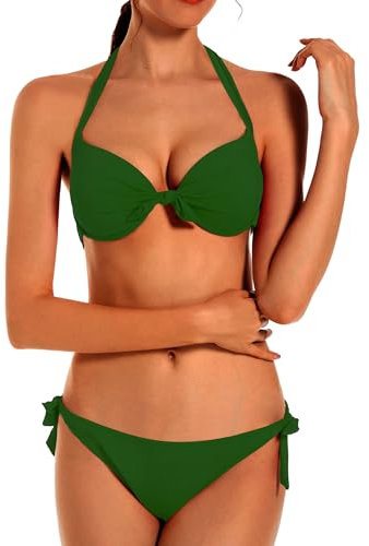 EONAR Damen Bademode Nackenträger Push up Bikinioberteil mit Underwire Einstellbar Seitlich Bindungen Bikini-Sets, Gr.- 80D/85C/85D/90C (2XL)Army Green