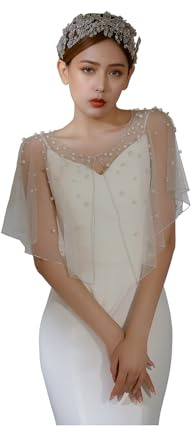 ULAPAN Pearls Wedding Capes Shawl Wrap Shrug Bridal Dress Jackets Flapper Bolero Cover Up (G31-Ivory)