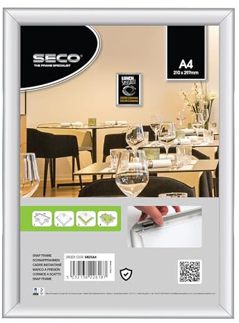 SECO Silver Aluminium Display Snap Frame - Pack of 5 - Easy Open for Posters, Menus, Notices & Signs – Wall Mountable Click Frame for Office, Retail, Restaurants & Public Spaces - A4 (210x297mm)
