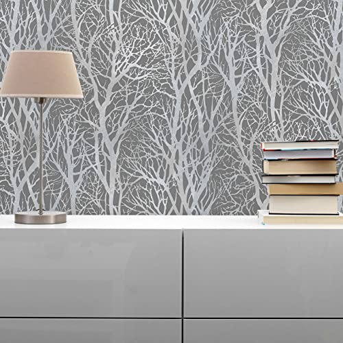 TADESSI Tapet skog och blad Enrico M1-No.26 fibertapet silver grå skogstapet natur vardagsrum sovrum kök non-woven
