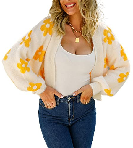 HEYPORK Damen Herbst Winter Warm Bequem Pullover Casual Mode Strickjacke Strickpullover Frauen Herbst Strickjacke StraßE Hipster Kurz Gestrickt Pullover Blumen Pullover(Weiß, L)