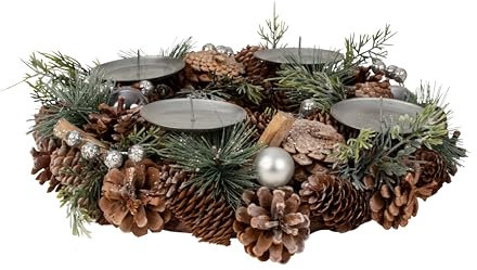 Lifestyle & More Corona dell'Avvento natalizia in diversi materiali rotondi con decorazione argento/verde/marrone per lumini diametro 34 cm