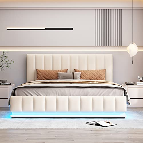 Bett 160x200 mit LED und Stauraum, Polsterbett 160x200 cm mit Höheverstellbarem Kopfteil, Doppelbett mit Lattenrost und Bettkasten, Stauraumbett Jugendbett Familienbett mit Modernes Bettgestell -Weiß