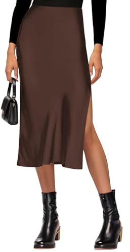 VividHarbor Jupe midi Taille Haute en Satin, Taille élastique, Fente latérale, Jupe de Mariage décontractée pour Femme, Chocolat, Taille S