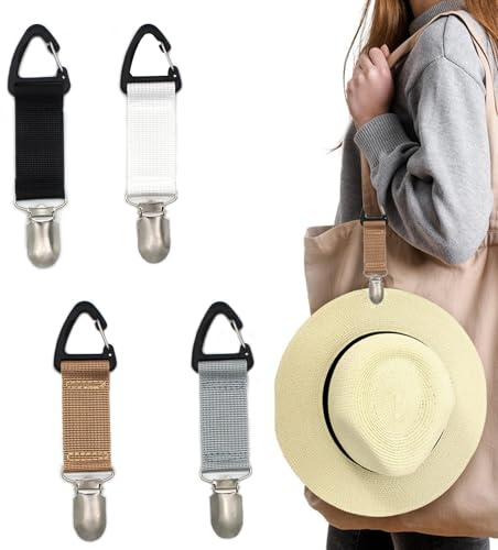 DHWEKU Lot de 4 clips élastiques pour chapeau de voyage pour sac à main,sac mains libres,accessoires pour sacs de voyage,sacs à dos, bagages,accessoires de voyage en plein air, Noir,blanc,kaki et