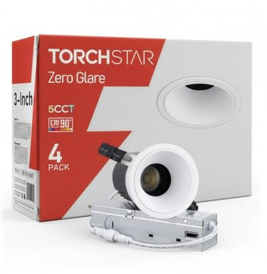 TORCHSTAR 3 Inch 5CCT Anti Glare LED Recessed Lights with J-Box, Deep Recessed Zero Glare Canless Downlight, Ultra-Slim Trim Gimbal Ceiling Light, 2700-5000K, Ultra Narrow Frame, ETL FCC, Pack of 4