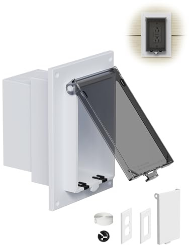 DBVR1W-1 Low Profile IN BOX Exterior Box, Outdoor Recessed Outlet Electrical Box for Wet Location, Recessed Non-Metallic Exterior Outlet Box with 2 Weatherproof Covers, Vertical, 1-Gang, Clear & White