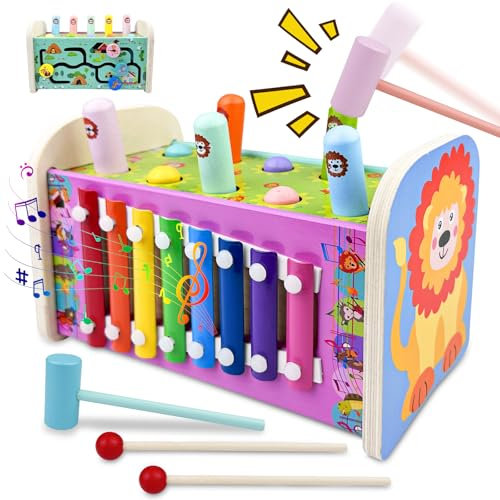 Cigrubo 3 en 1 Jouet Xylophone Bebe, Montessori Marteau en Bois Jouet, Jeux Chasse Taupe, Enfants Banc À Marteler, Jeu Motricité Fine Développement Cadeau pour Enfant Garçons Filles 1 2 3 4 Ans