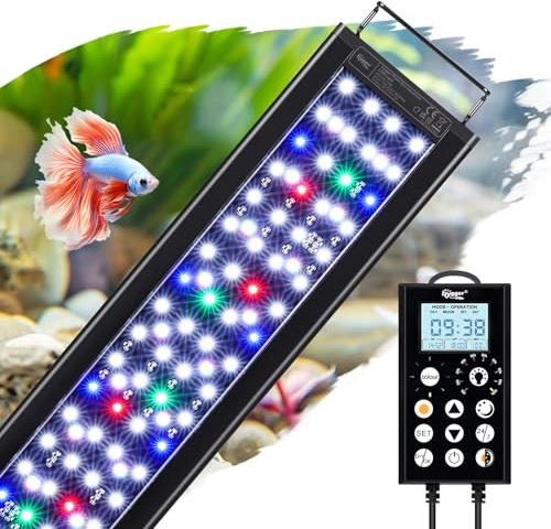 hygger luz led del acuario, Luz de tanque de peces de espectro completo, Luz de planta de acuario con controlador, 5 modos con temporizador, 8 colores, 10 brillo ajustable (18W (30-45CM))
