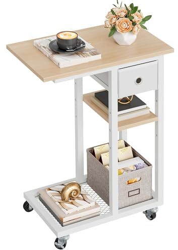 YITAHOME Beistelltisch, C-Form Sofatisch mit Rollen und Schublade，Wohnzimmertisch für Kaffee und Laptop，für Wohnzimmer, Schlafzimmer，50 x 30 x 67cm, Eiche