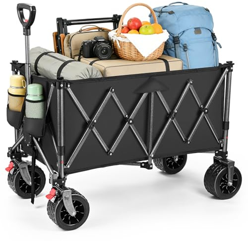 YEAUPE PRO Carrello Pieghevole e da Spiaggia – Con doppi freni anteriori, doppia forcella rinforzata e ruote grandi, Manico regolabile, Per campeggio e giardino – 150kg, 200L, Nero