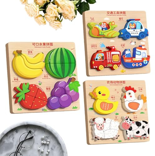 Puzzles à emboîter en bois - Jeu éducatif avec animaux de la ferme, puzzle à emboîter en bois, pour enfants de 4 à 6 ans et filles pour voyager en avion et en voiture pour les anniversaires