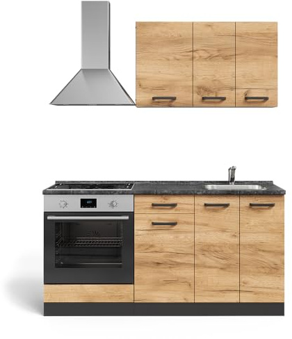 Vicco Singleküche R-Line, Goldkraft Eiche/Anthrazit, 160 cm mit Herdumbauschrank und Spüle mit AP