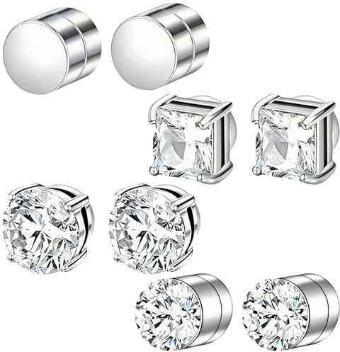 4 Pairs Magnetic Earrings for Men Women, Silver Non-Pierced Magnetic Stud, Magnet Earrings Clip on, Stainless Steel Fake Earring for Women Men Girls Boys, Magnet Jewelry Gifts