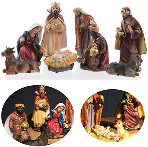 LS-LebenStil Krippenfiguren Set 11cm 8 Figuren bunt Krippe Krippenset handbemalt Weihnachtskrippe detailgetreue einzelne Charaktere Weihnachten Tisch Dekoration Krippen Zubehör