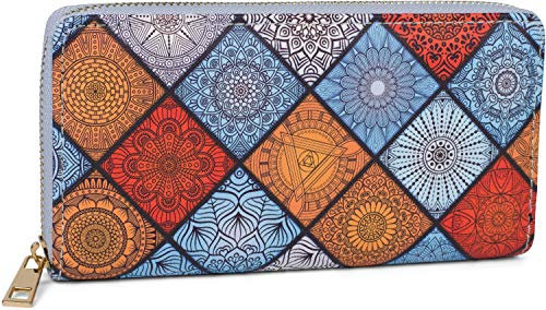 styleBREAKER Damen Geldbörse mit Indian Summer Ornament Muster, Mandala Stil, Reißverschluss, Portemonnaie 02040144, Farbe:Blau-Orange-Weiß