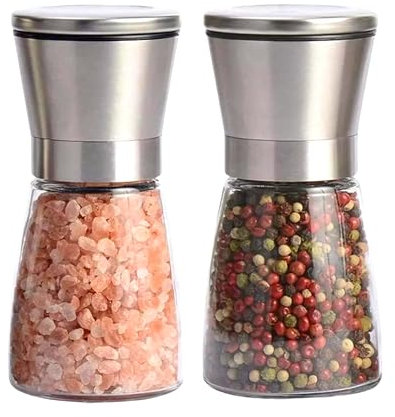 Requisite Needs Salt and Pepper Grinder Mill Set Salt and Pepper Shakers Brushed Stainless Steel Glass Body and Adjustable Coarseness Spice Mill Set Silver