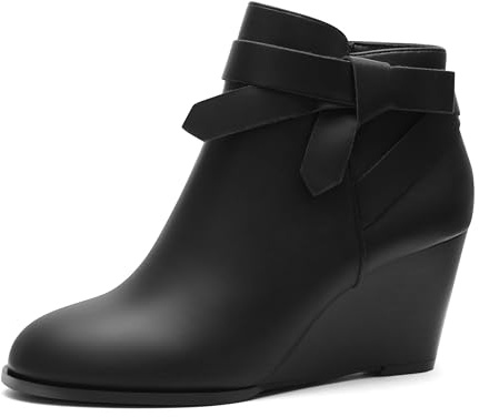 Carcuume Ankle Boots for Women,Wide Ankle Tie Knot,Side Zipper,Round Toe,Chunky Heels,Boots for Women,ABI2023-BLACK WEDGE-7
