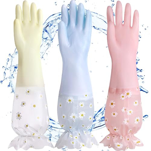 XFLYP PVC Waschhandschuhe mit Latexfrei, Lange Bündchen, Baumwollfutter, Reinigungshandschuhe, für Küche Teller Reinigung Wäscherei Gartenhandschuh, 3 Paar (Gelb + Rosa + Blau)