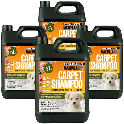 Pro-Kleen MAXPLUS Carpet Shampoo Cleaner – Premium Formula to Remove Dirt & Stains – Removes Pet Deposits & Odours – Suitable for all Machines (Citrus & Cedar, 4 x 5 Litres)