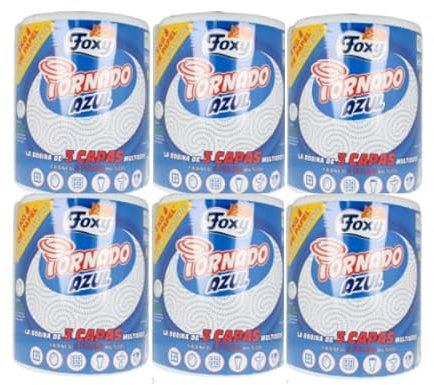 Foxy Tornado Blaues Mehrzweckpapier, 1 kg Papier (jeweils), 340 Services pro Rolle, PEFC-zertifiziert, recycelbare Verpackung aus recyceltem Kunststoff, 6 Stück
