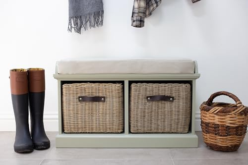Statement Furniture Tetbury Sage Green Bench with 2 Storage Baskets | Fully Assembled Hallway Seat with Cushion| 2-Seater W76cm H46cm D40cm (sage green)