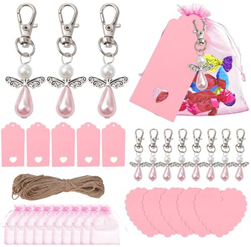 DRJCKOLOTH Schutzengel Anhänger,Engel Anhänger,40 Stück Kleine Schutzengel,Mit Rosa Organza Tasche Und Kraftpapier Anhänger,Für Hochzeitsgeschenk,Geburtstagsgeschenk,Gastgeschenk