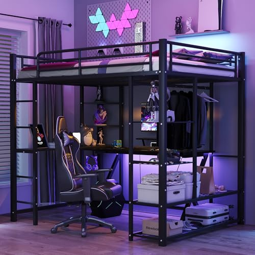 Dolamaní Cama alta de 140 x 200 cm con escritorio y estante para adolescentes y adultos, capacidad de carga de 120 kg, cama de metal con somier estable y zona abierta para colgar, color negro