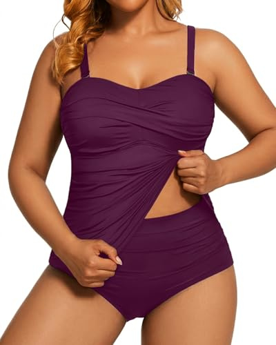 Aqua Eve Women Two Piece Plus Size Tankini Strapless Bathing Suits Bandeau Swimsuits with High Waisted Bottom, Purple, 26 Plus