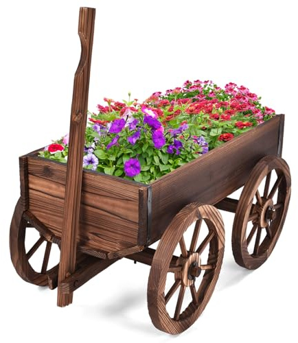 DREAMADE Garden Wagon with Wheels, Rustic Wooden Flower Cart w/Ventilation & Rotating Handle, Wheelbarrow Planter Flower Bed Decorations for Balcony, Patio, Garden, Outdoor Greenery