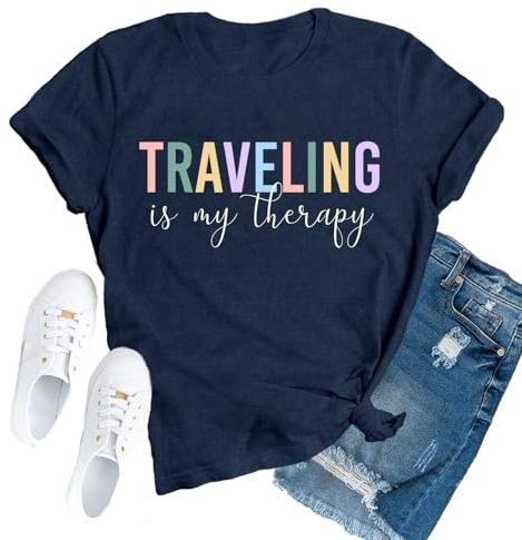 SUWATOIN Travel Shirts for Women Travelers Trip Shirts Traveling is My Therapy Tee Tops Blue