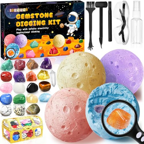 ITMNMNL Cristaux et Pierres Précieuses,Kit d'Excavation de Gemmes,Fossiles et Minéraux Naturels, Archéologie Enfant pour 6 7 8 9 10 Ans, Creuser la Lune,Géologie,Science et Jeu,Cadeaux