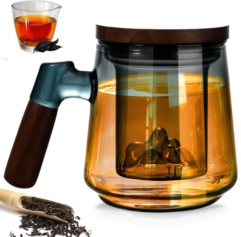 Taza de té de cristal con tapa y colador, tazas de té de 500 ml con mango de madera, grandes tazas de té de vidrio de borosilicato, vasos de té para té suelto, té de flores, amantes del té, regalos