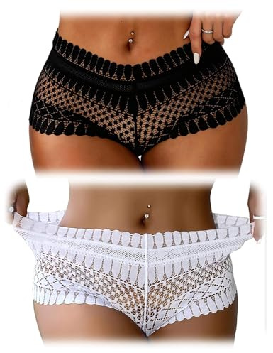 comeondear Sexiga trosor dam tanga string chic het spets låg midja stretch underkläder bomullsfoder bikini plusstorlek, 2-svart + vit, XS/S