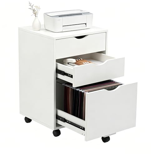 HollyHOME Mobile Filling Cabinet with 3-Drawer, Wood Desk Drawers on Wheels Rolling Printer Stand, Hanging Files Cabinet for Home Office Storage, White